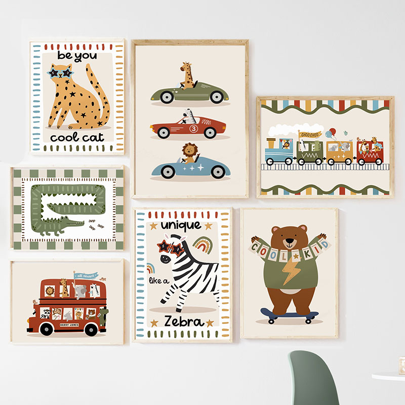 Baby Nursery Fabric - Funny Cartoon Animals Car Bus Nursery