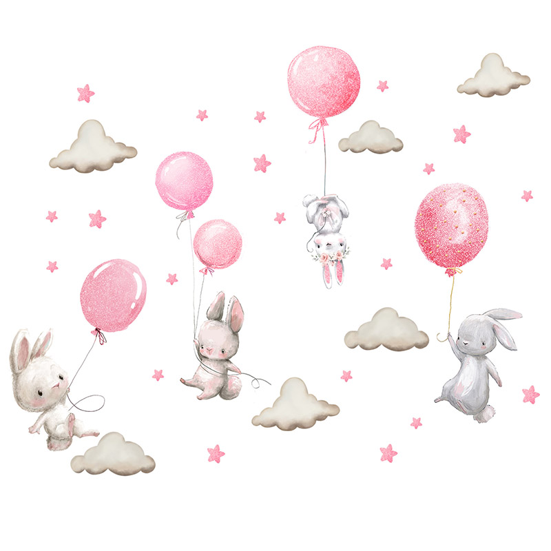 Baby Nursery Pink - Watercolor Pink Balloon Bunny Cloud Wall