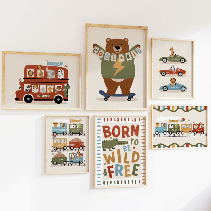 Funny Cartoon Animals Car Bus  - Baby Nursery Fabric reseña y precio