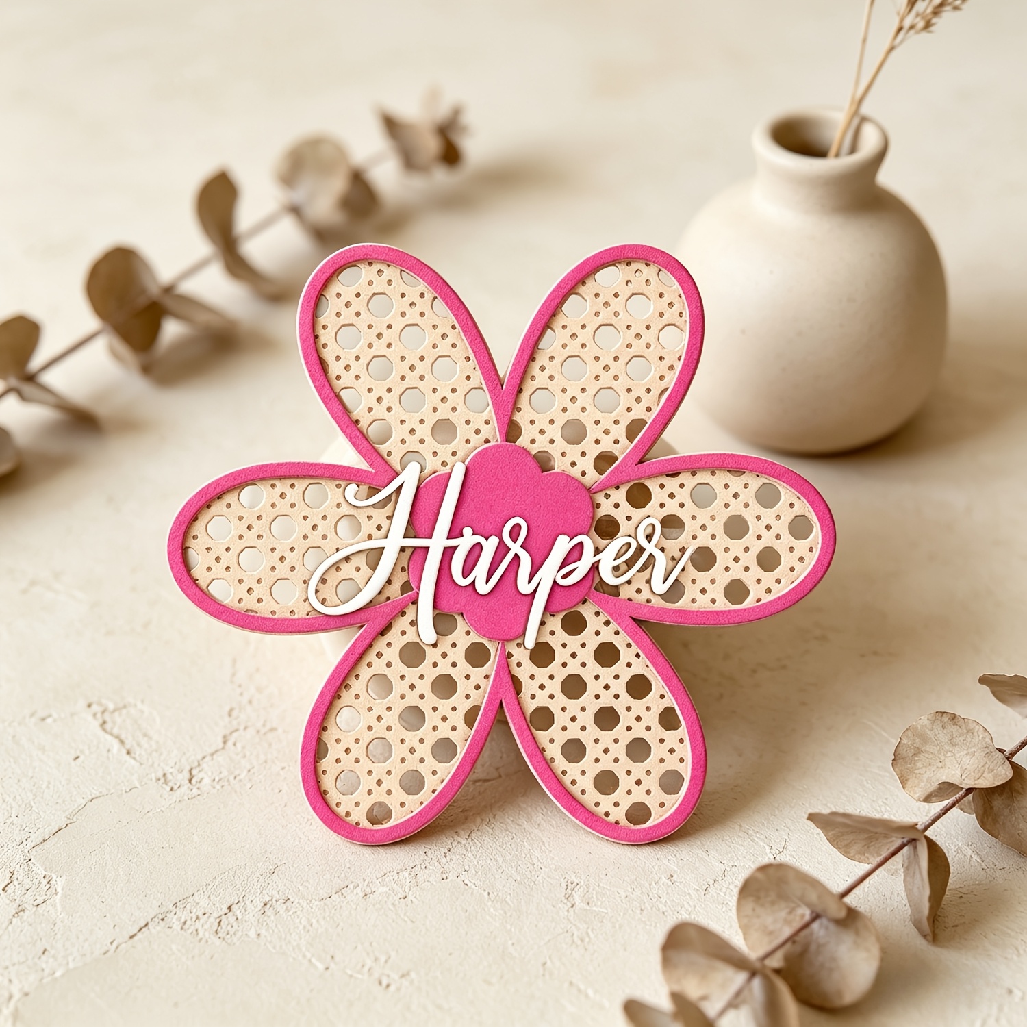 Personalized Boho Rattan Flowe - Baby Nursery Pink reseña y precio