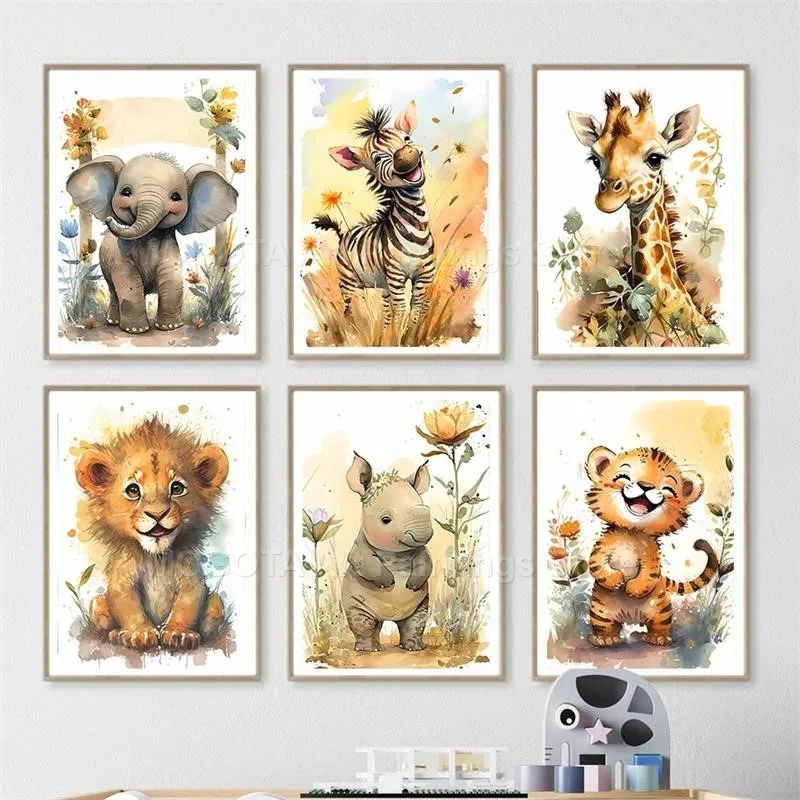 Watercolor Lion Giraffe Tiger  - Baby Nursery Fabric reseña y precio